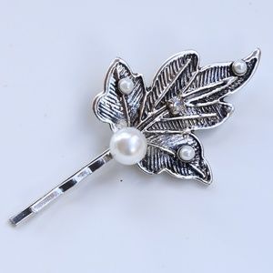 NWT LEAF ANTIQUE SILVER METAL- PEARL BOBBY-PIN